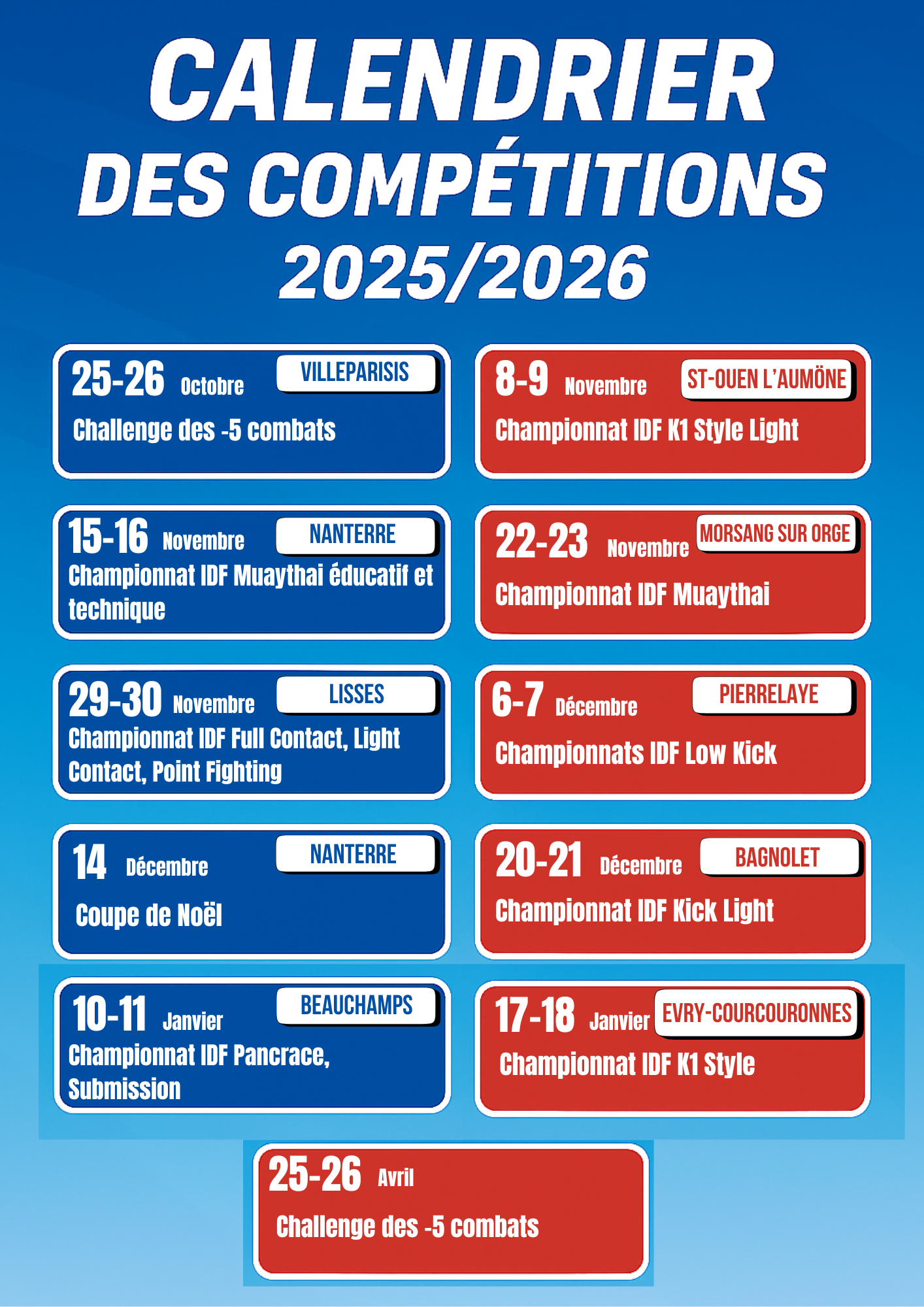 Calendrier des championnats IDF 2025-2026