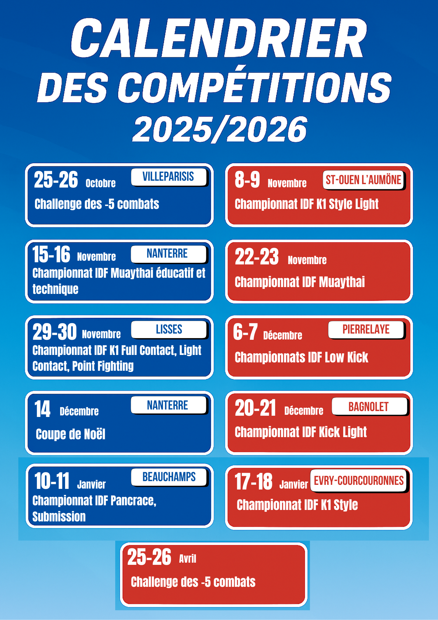 Calendrier des championnats IDF 2025-2026
