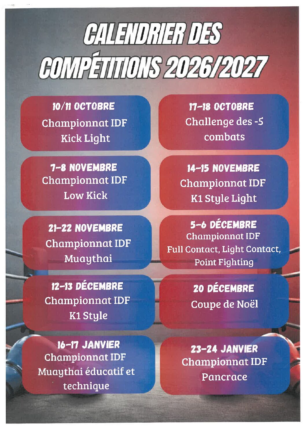 Calendrier provisoire des championnats IDF 2026-2027